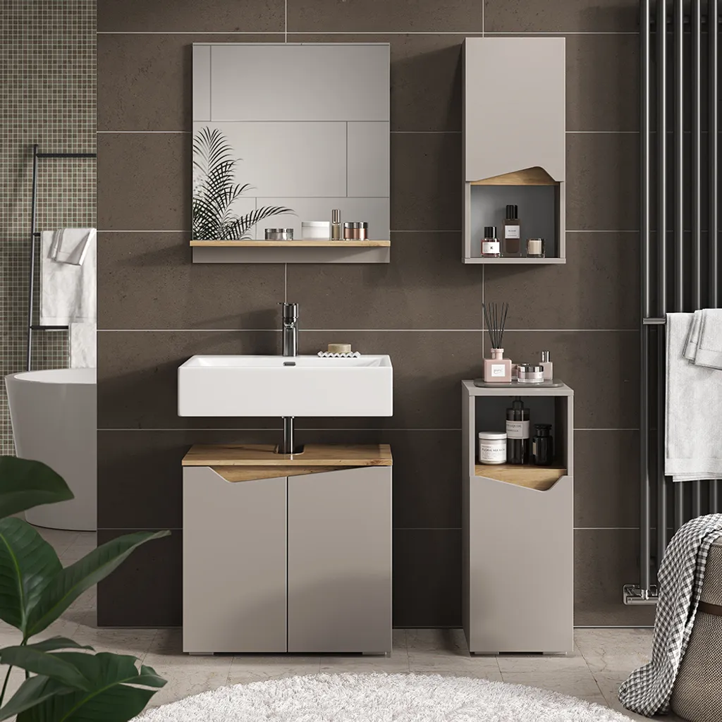 Rangement salle de bain complet avec le set 4 pièces Vicco Marelle grège