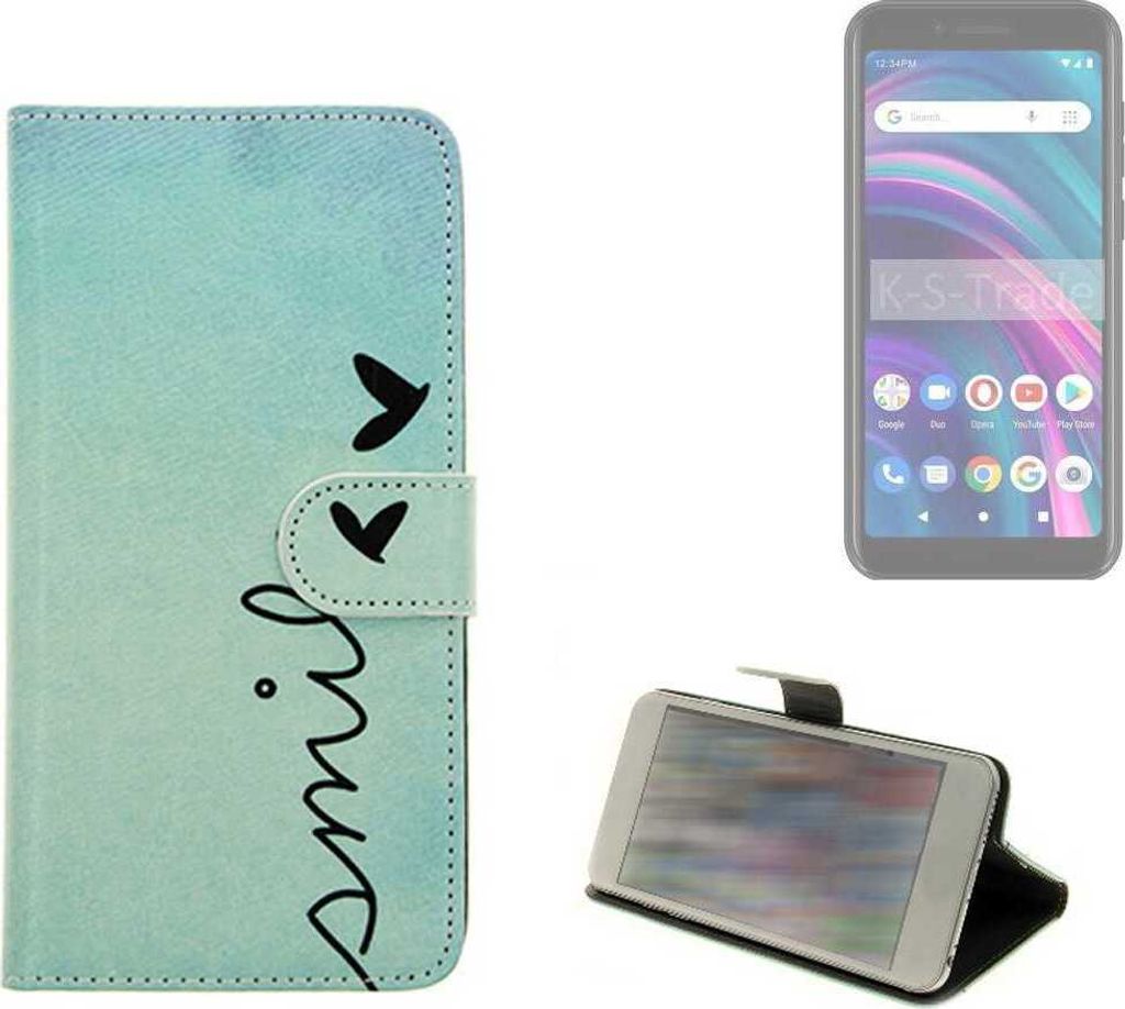 K-S-Trade Schutz Hülle Handy Hülle kompatibel mit BLU Studio X5 Max Hülle Handyhülle cover bookstyle Etui Handyhülle “smile“ türkis
