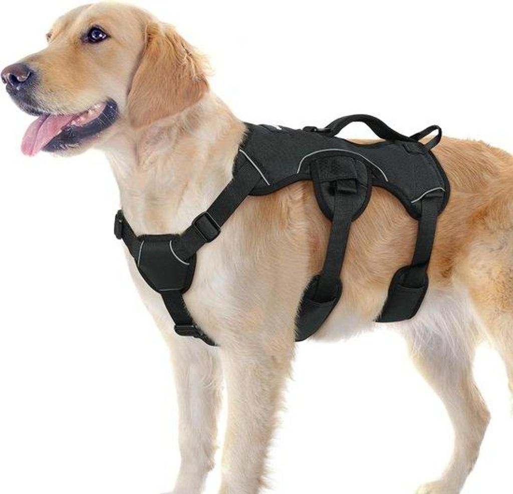 Famanu Hundegeschirr für mittelgroße und große Hunde - Verstellbar, mit Rückenhandgriff und reflektierenden Streifen, schwarz, Größe L