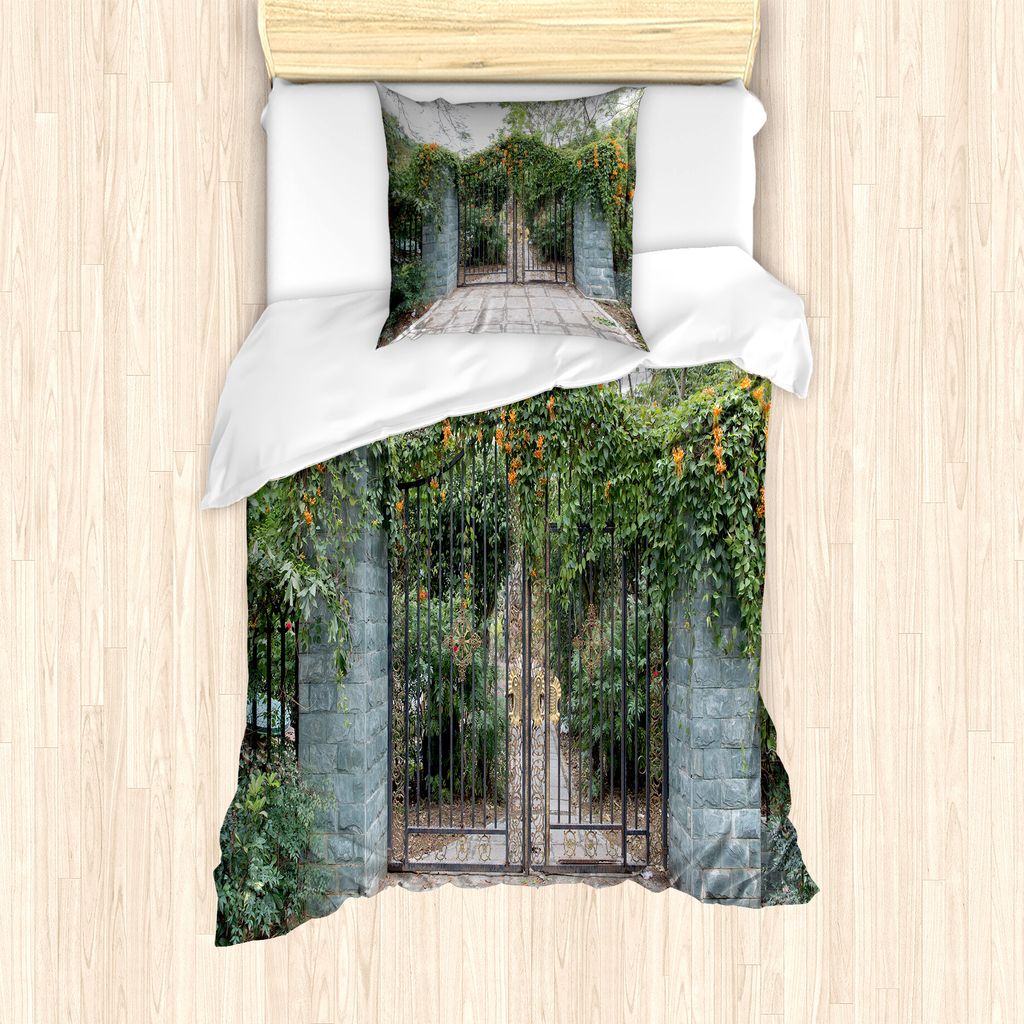ABAKUHAUS Zaun Bettbezug Set für Einzelbetten, Schmiede Floral Garden Gate, Milbensicher Allergiker geeignet mit Kissenbezug, 135 cm x 200 cm - 80...