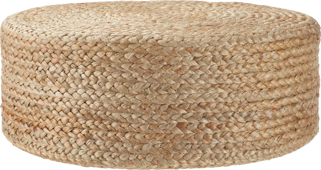 Pouf de salon bohème BANNO ELIPSE en jute beige pour déco zen ronde