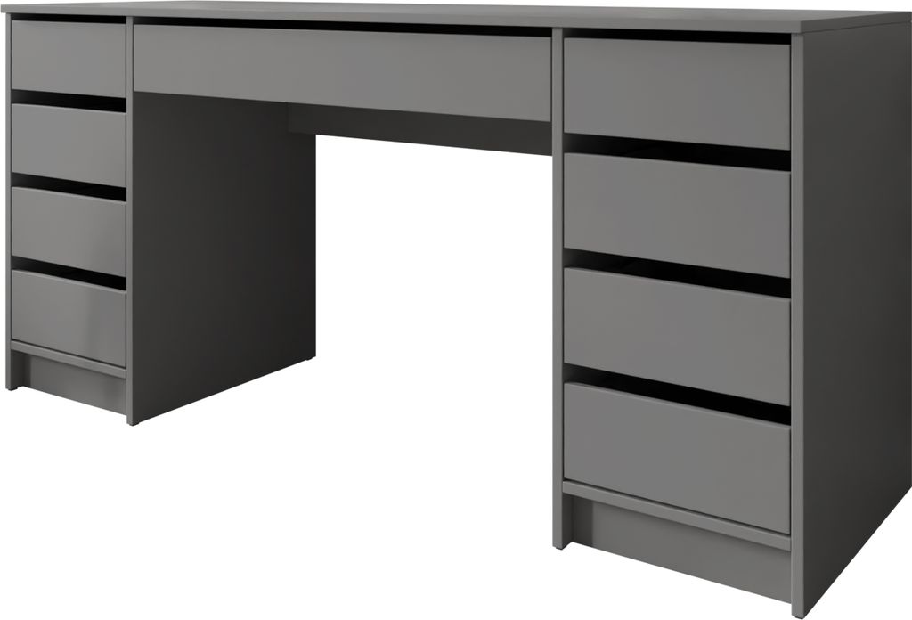 A gray desk with multiple drawers on a white background.