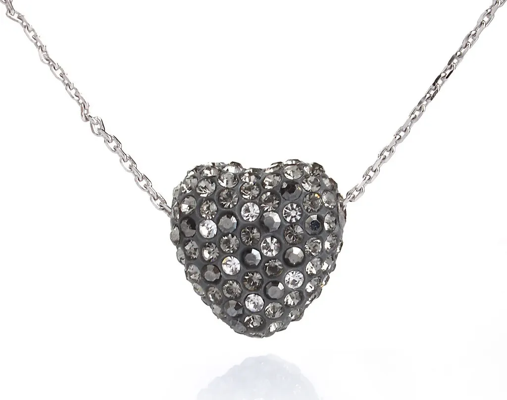 Donna Ciondolo Cuore 15mm Amore Cristalli Pietre Diamante Nero E Catena Argento 925 - 45cm