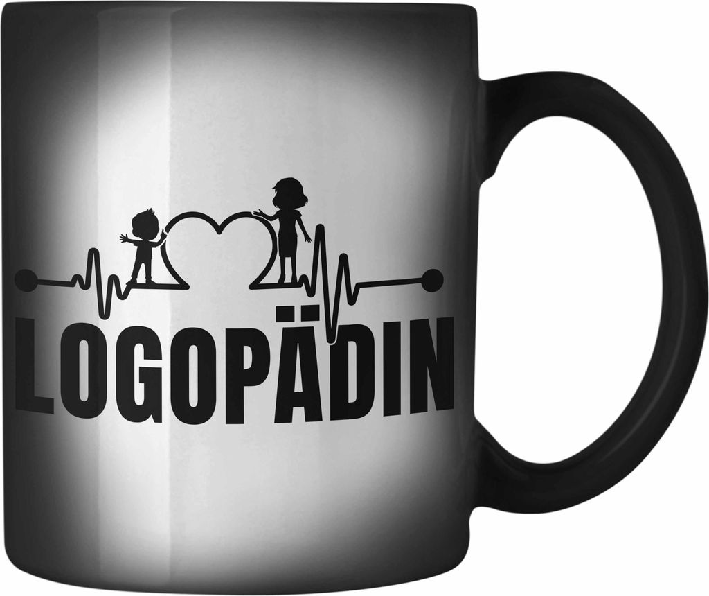 Trendation - Logopädin Herzschlag Farbwechsel Zauber-Tasse Geschenk Logopädie Logopäde (Schwarz)