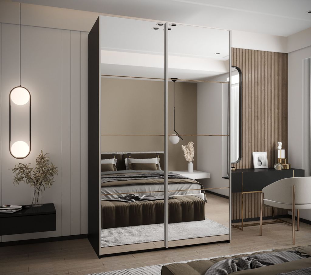 Zweitüriger Kleiderschrank SAMARA 2 – 150 cm, Schwarz/Eiche handwerklich/Silber