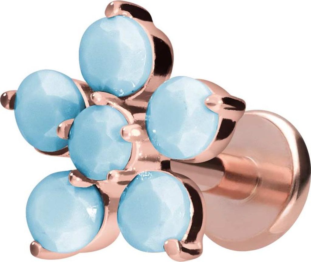 Ohrpiercing, Nasenpiercing Titan Labret mit Innengewinde BLUME + SYNTHETISCHE TÜRKISE RoséGold Stablänge: 10mm | Stabstärke: 1,6mm