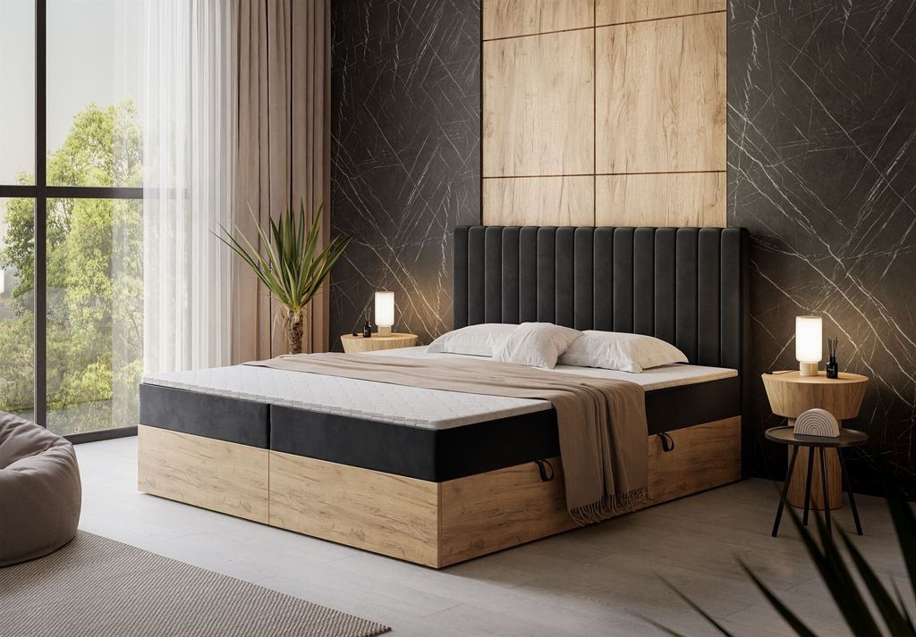 Kontinentalbett NOELLE mit Bonellmatratze Craft Gold Eiche 180x200 cm mit Topper, Stoff: Velutto 19