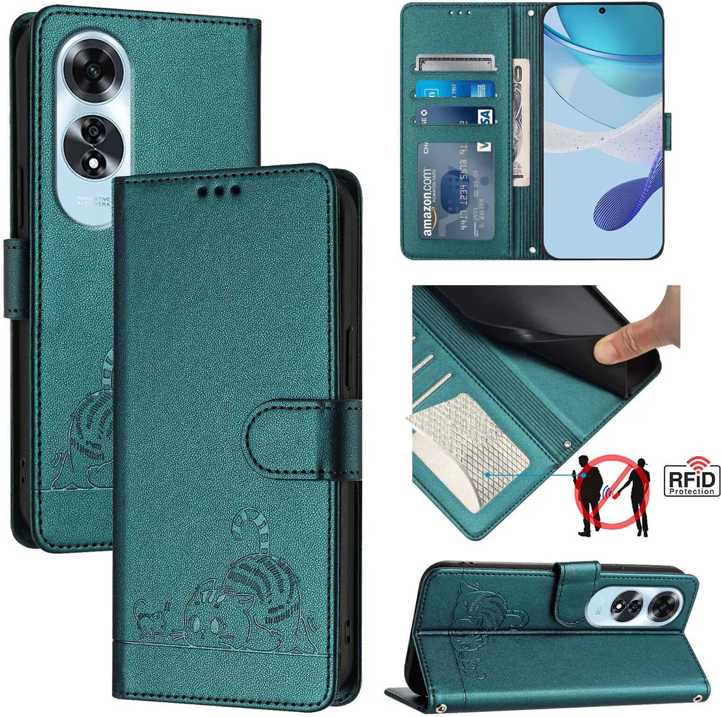 Custodia Oppo A60 in Pelle Verde Gatto Dolce - Protezione Portafoglio