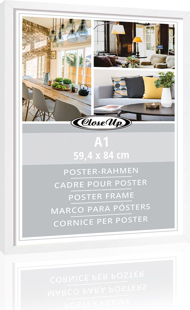 A collage of interior design images and product information for a poster frame.