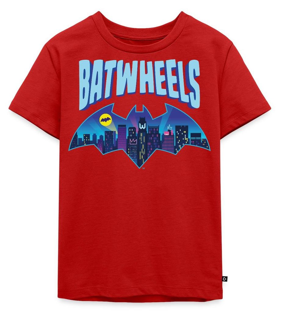 Spreadshirt Batwheels Batman-Symbol Mit Skyline Von Gotham Kinder Premium T-Shirt, 98/104 (2 Jahre), Rot