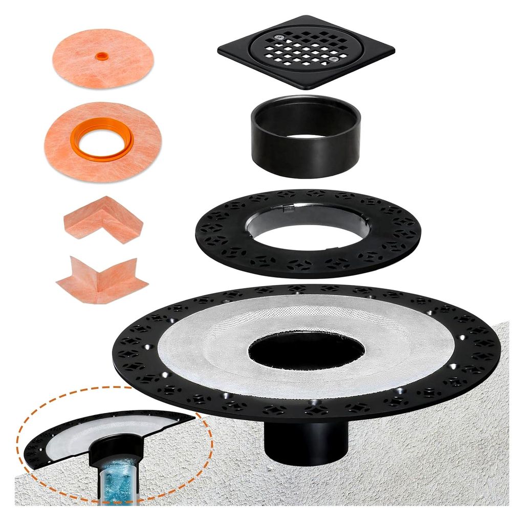 Duschablauf-Set, 5,1 cm, integriertes Duschflansch-Set, kompatibel mit Schluter Systems Kerdi Drain, ABS-Duschablauf-Basisflansch mit 304 Edelstahl...