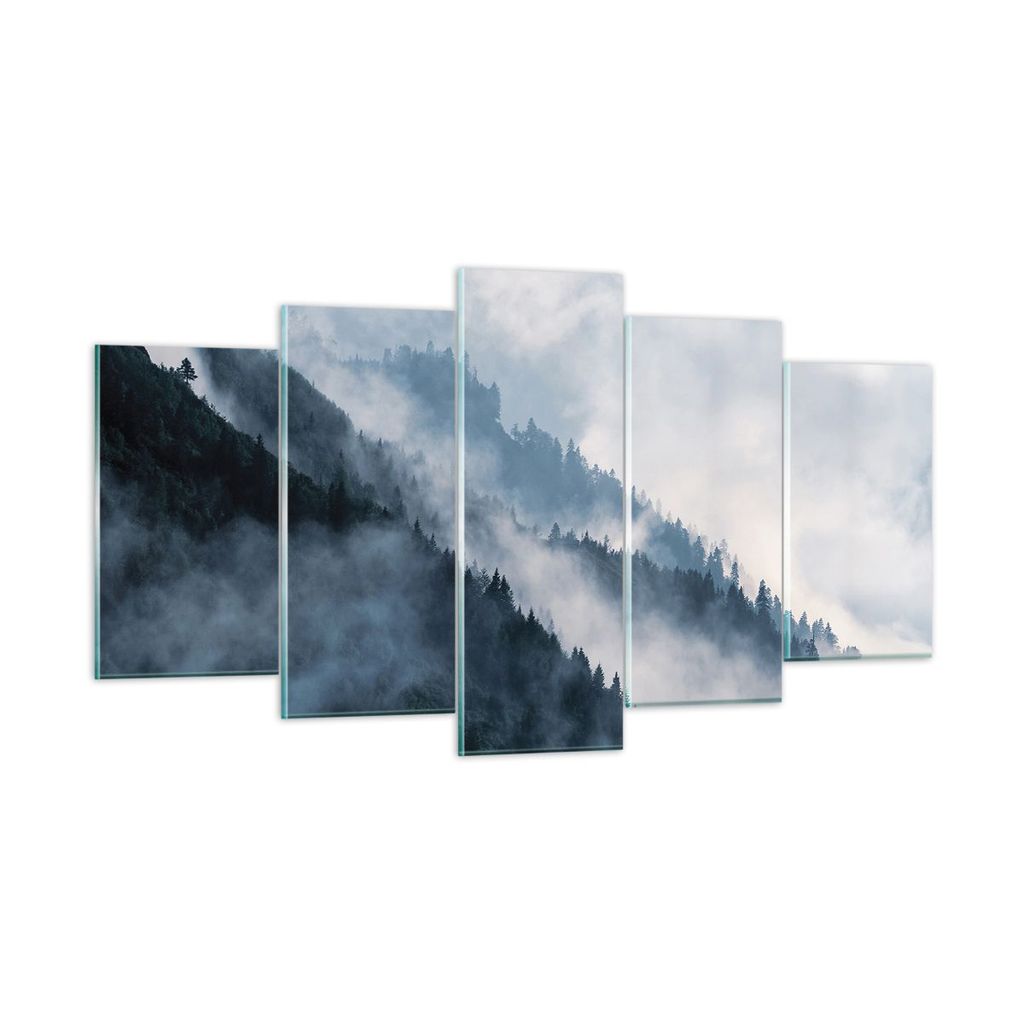 Bilder auf glas - 5 Teile - Berge Nebel Bäume - 160x85cm - Glasbilder - Wandbilder - Bilder - zum Aufhängen bereit - Wanddekoration aus Glas - Gl...