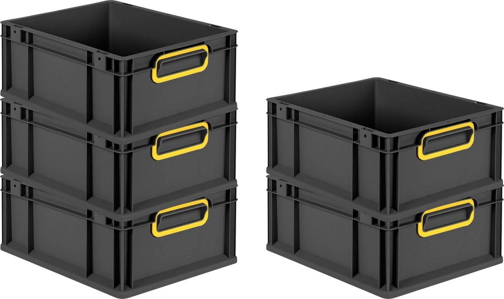 SparSet 5x Eurobox NextGen Color | HxBxT 17x30x40cm | 16 Liter | Griffe gelb geschlossen | Schwarz | Eurobehälter, Transportbox, Transportbehälte...