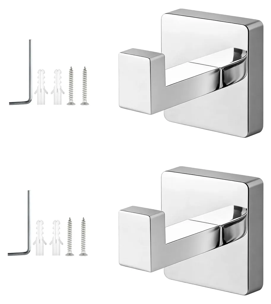 Patère murale carrée en acier inoxydable pour salle de bains - Lot de 2