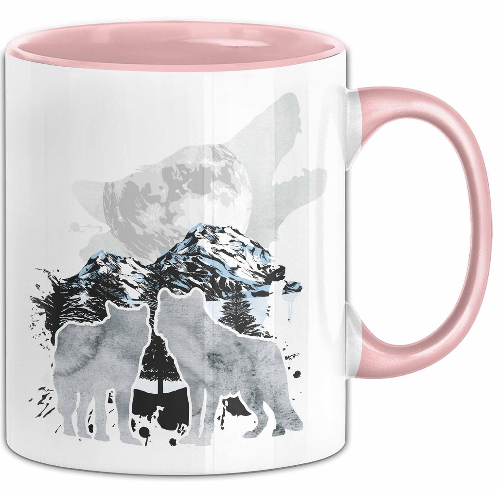 Wolf Tasse Geschenk Heulender Wolf Vögel Mond Silhouetten Geschenkidee (Rosa)
