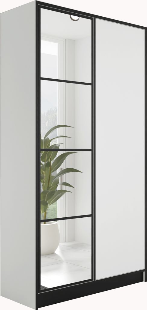A white wardrobe with a mirrored door section, featuring a plant inside.