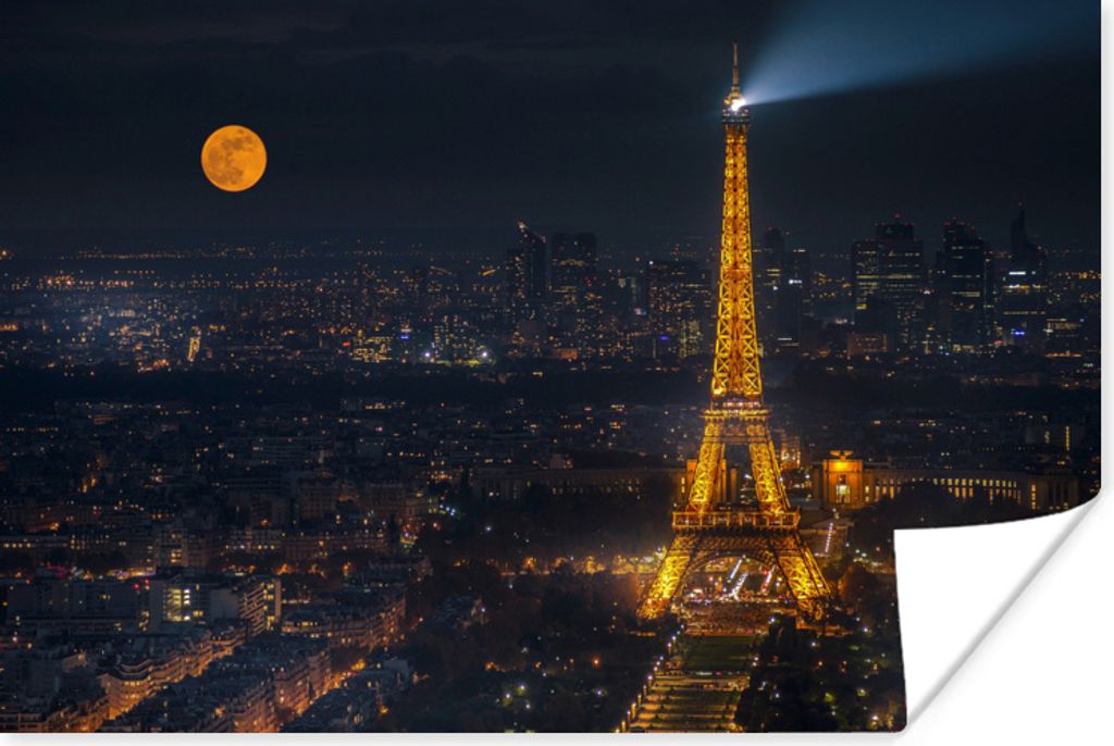 MuchoWow Poster Paris - Eiffelturm - Mond 90x60 cm - Schlafzimmer