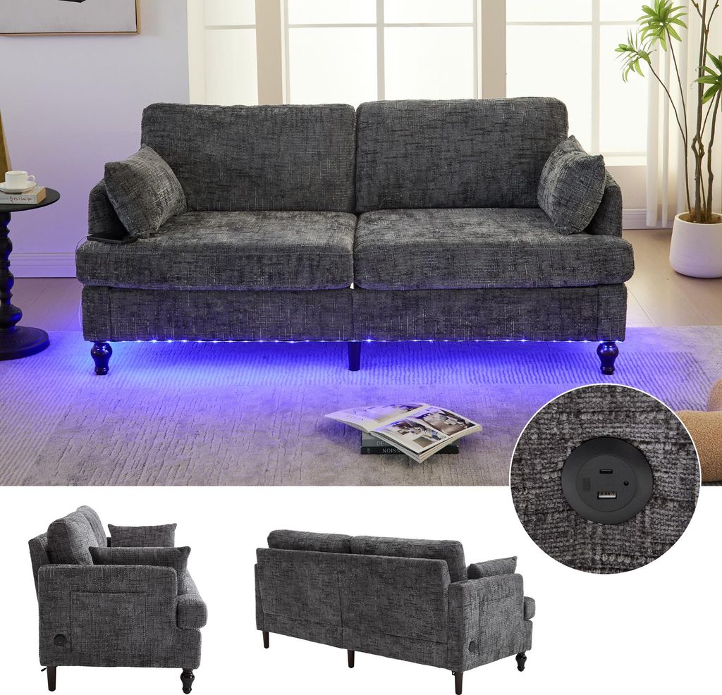 A collage of images showing a modern gray chenille sofa with LED lighting and USB charging ports.