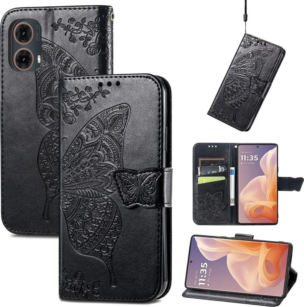 Per Motorola Moto G85 Custodia in Pelle finta per telefono cellulare con design a farfalla Custodia Cover Nero