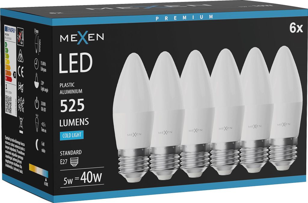Mexen Nova 6x LED-Lampe E27, C37, 5W, Kalt - 6500K, 525 lm - L102-E27-0565-01x06