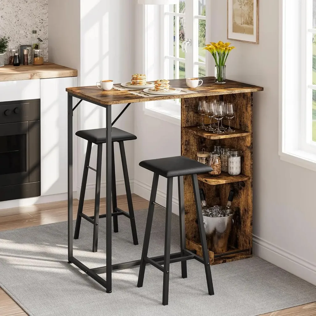 Table haute avec rangement et tabourets en PU vert - Ensemble 3 pcs - 2