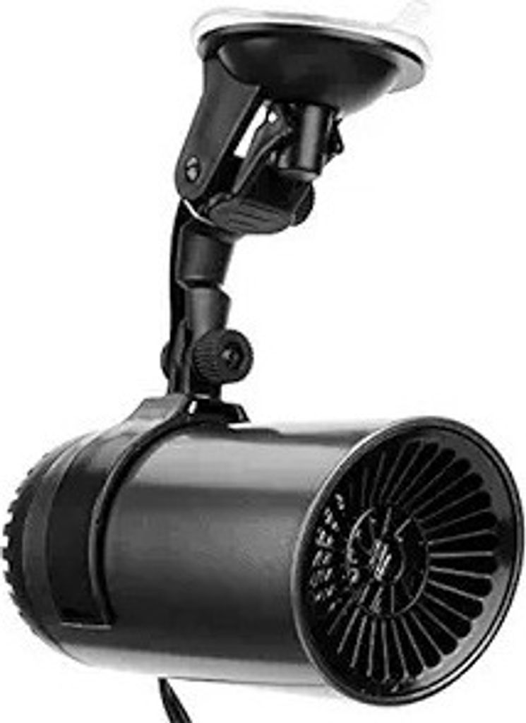 A black car heater with a suction cup mount.
