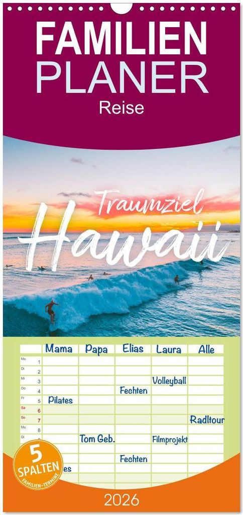 Familienplaner 2026 - Hawaii Traumziel mit 5 Spalten (Wandkalender, 21 x 45 cm) CALVENDO