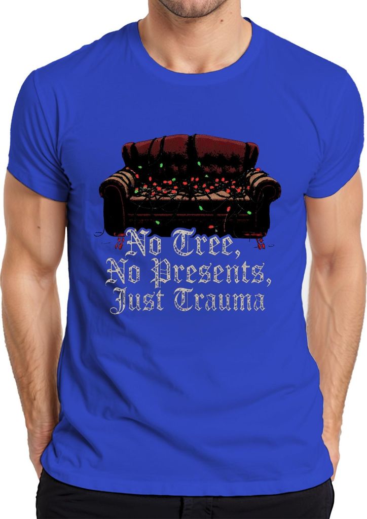 No Tree No Presents Just Trauma Weihnachten Sofa Lichterkette Herren T-Shirt, Blau, L