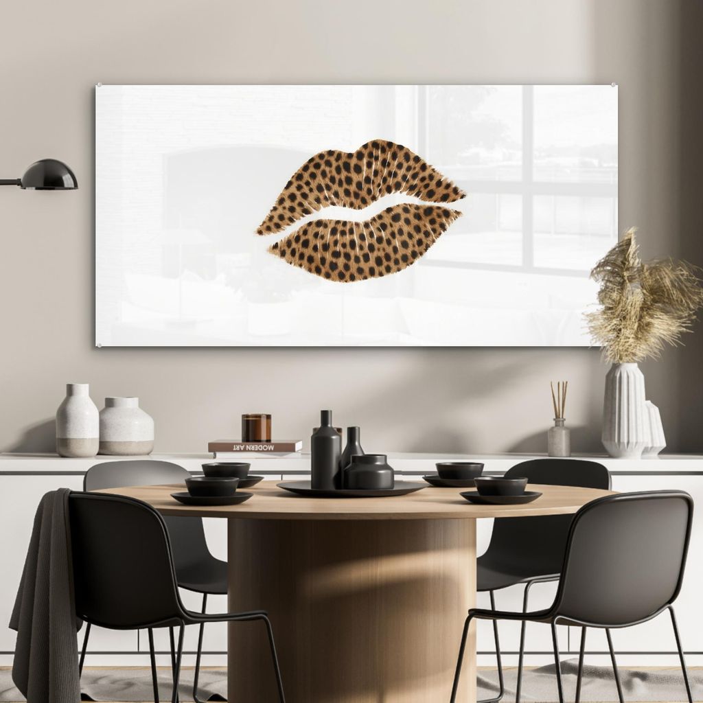 MuchoWow Glasbilder - Bilder auf Wandbild - Foto auf Glas Lippe - Pantherdruck - Minimalistisch - Weiß 120x60 cm Wanddekoration aus Glas - Acrylgl...