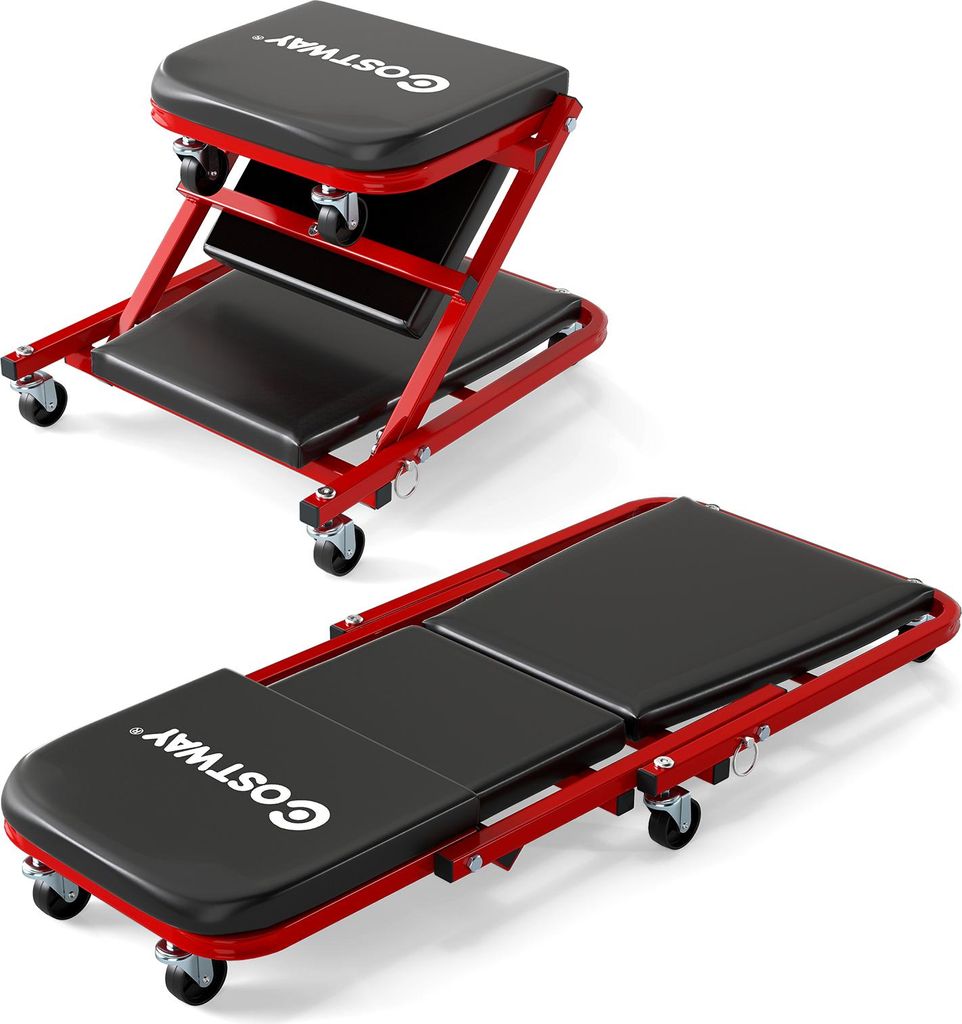 COSTWAY 2in1 Rollbrett Werkstatt, Montagerollbrett mit 6 Rollen & gepolstertem Sitz, KFZ-Rollbrett bis 150kg, Werkstatthocker 92x41x12cm Schwarz