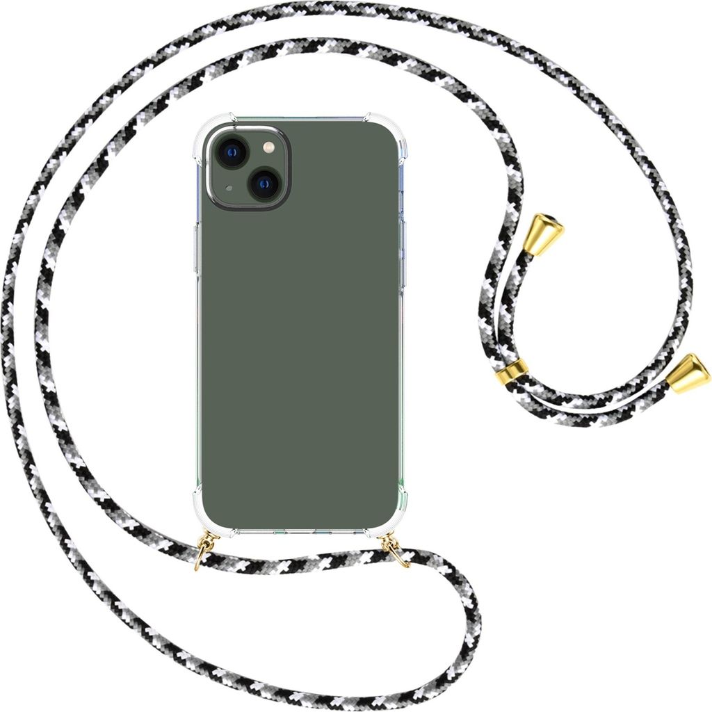 Handykette Backcover-Schutzhülle mit Band (Metall goldfarben) für Apple iPhone 15 Plus - schwarz/grau/weiß
