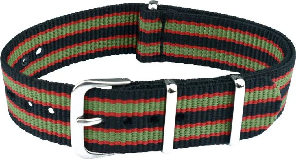 ClassicWatchStraps Nylon Uhrenarmband - Schwarz/Grün/Rot, 22 mm, Silber poliert