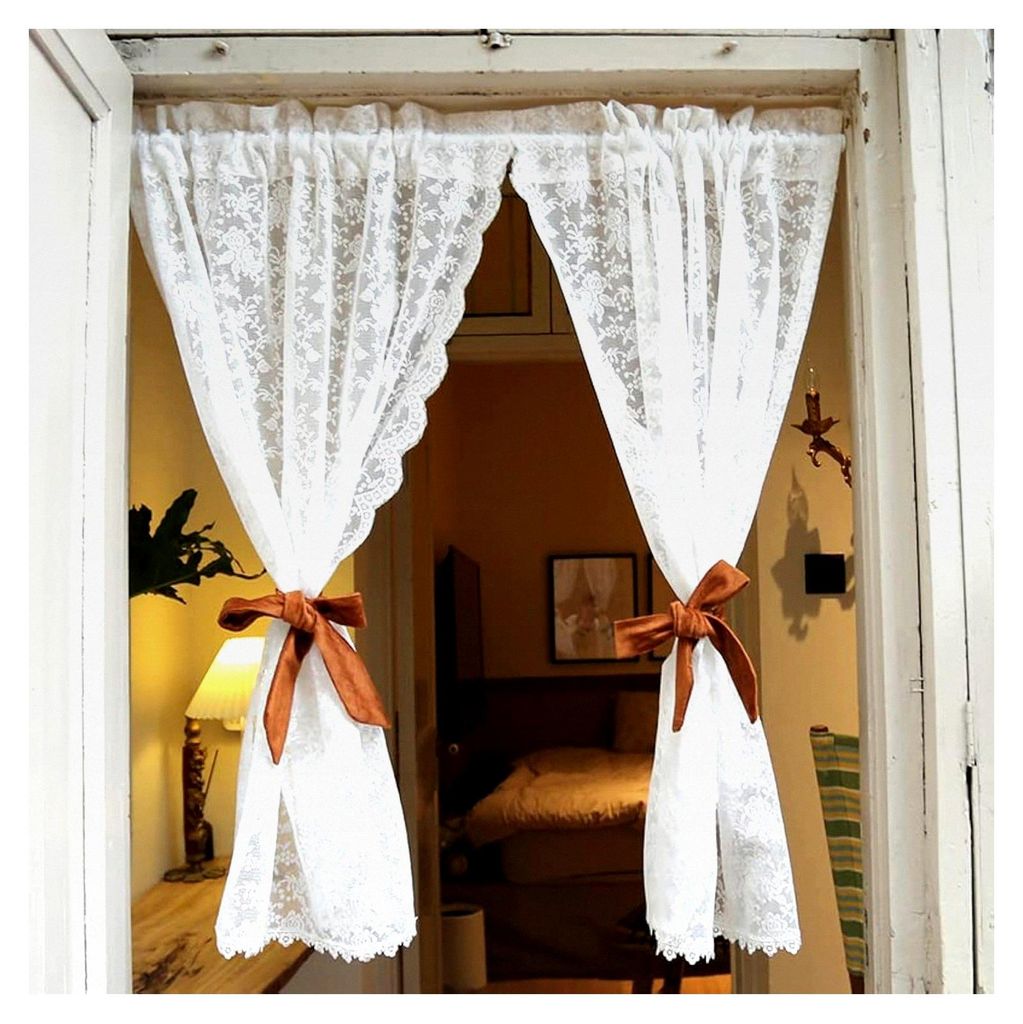 Scheibengardinen Lang Weiß im Landhausstil, Bistro Gardine mit Stangendurchzug, halbtransparent, hochwertige Stickerei, BxH 65x100 cm, 2 Stück