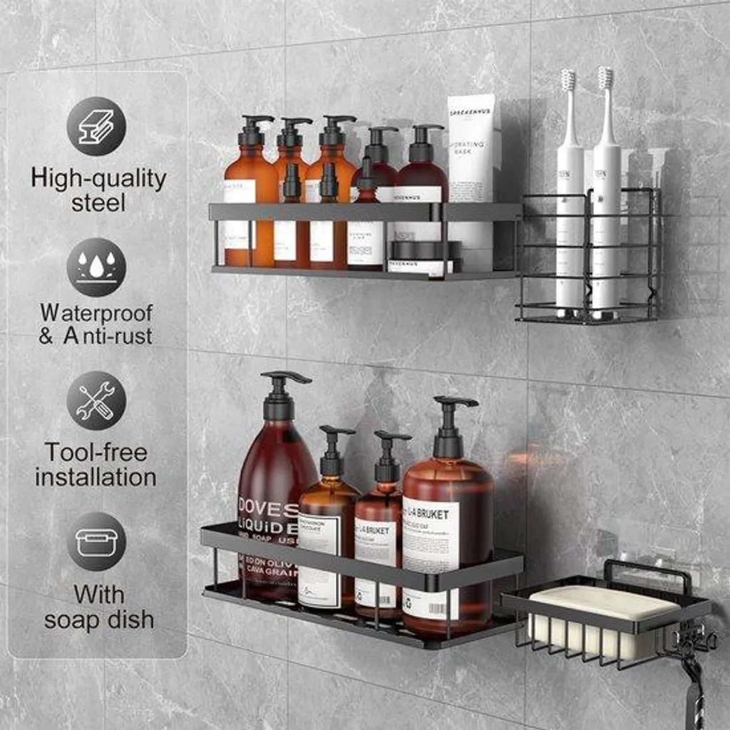 Étagère de douche en bois blanc résistant, 3 niveaux de rangement zen