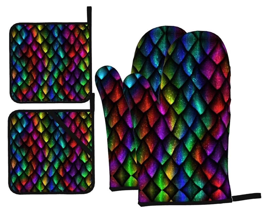 Ofenhandschuhe und Topflappen-Set, hitzebeständig und rutschfest, 4 Stück, zum Backen und Grillen