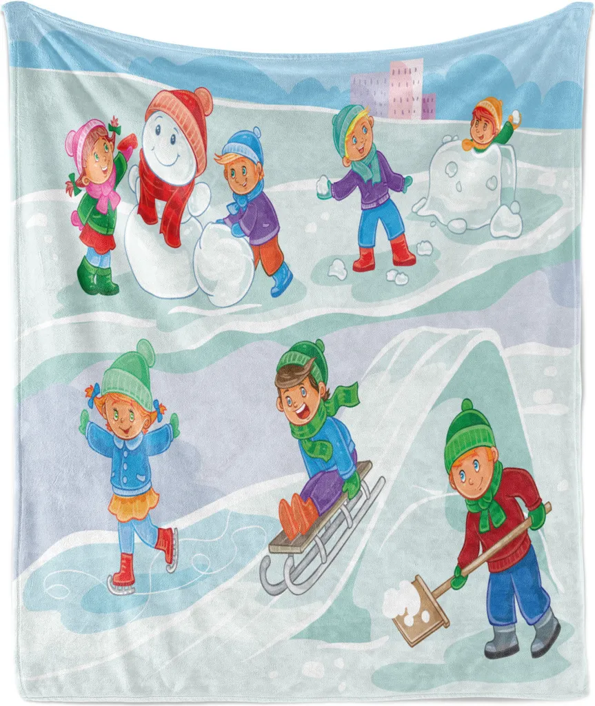 ABAKUHAUS Coperta morbida in flanella e pile con motivo pupazzo di neve, illustrazione invernale con bambini che giocano a palle di neve, slittano e pattinano sul ghiaccio, 175 x 230 cm, multicolore