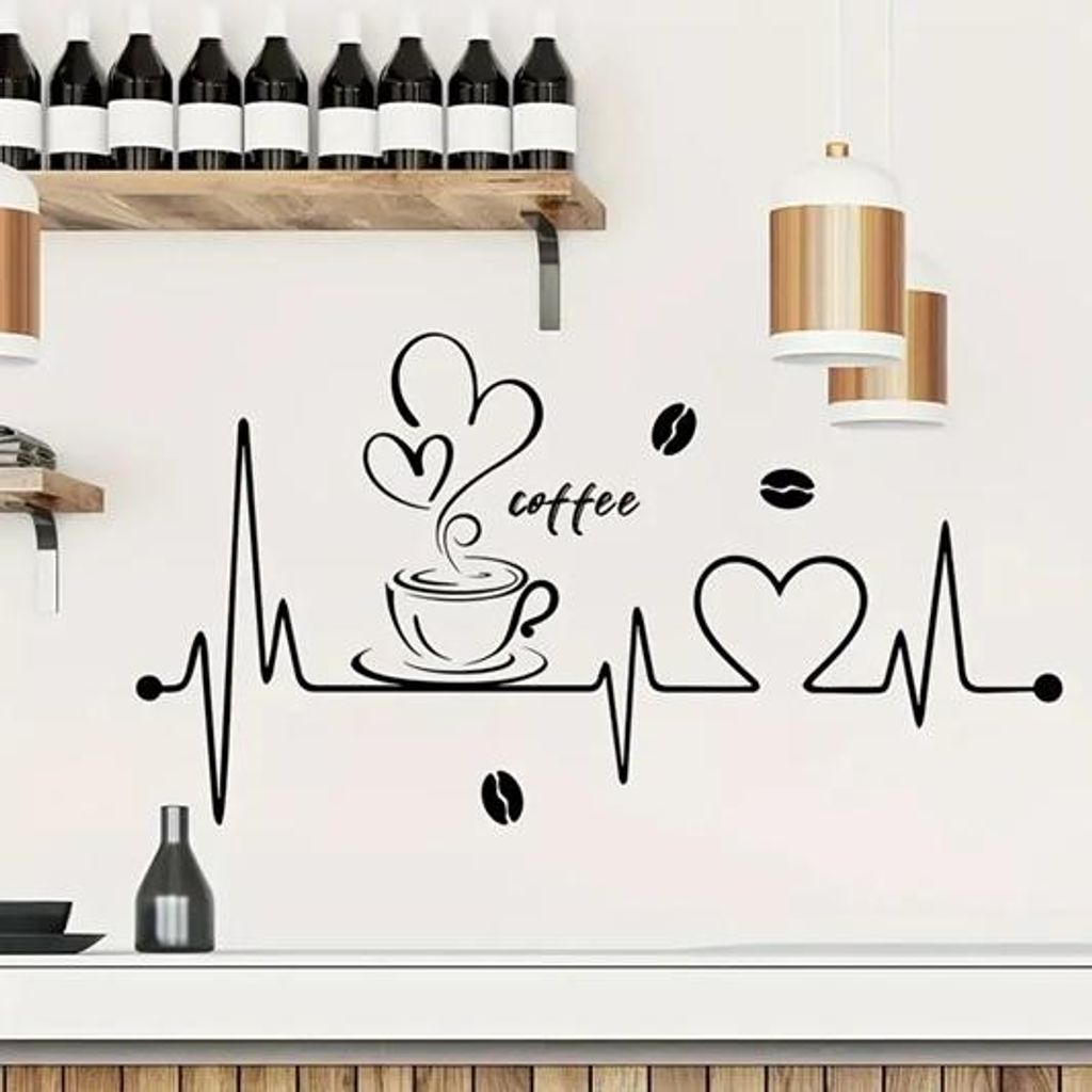 GKA Wandtattoo Kaffeetasse Herzschlag EKG 55 cm für Küche Esszimmer Wandaufkleber Wandbild
