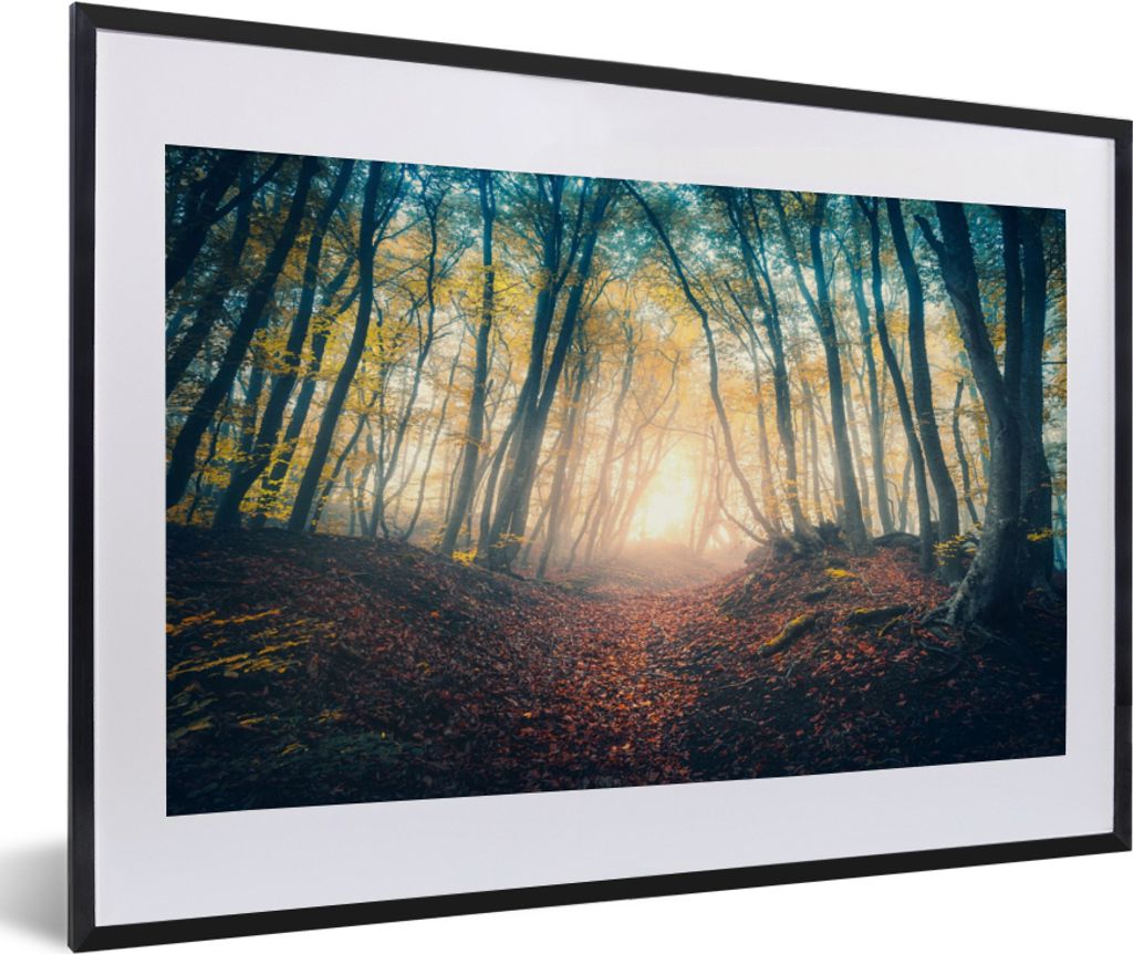 MuchoWow Gerahmtes Poster Wald - Nebel - Sonne - Herbst 60x40 cm - Poster mit Schwarzem Bilderrahmen Wandposter Rahmen Foto Bilder - Schlafzimmer...