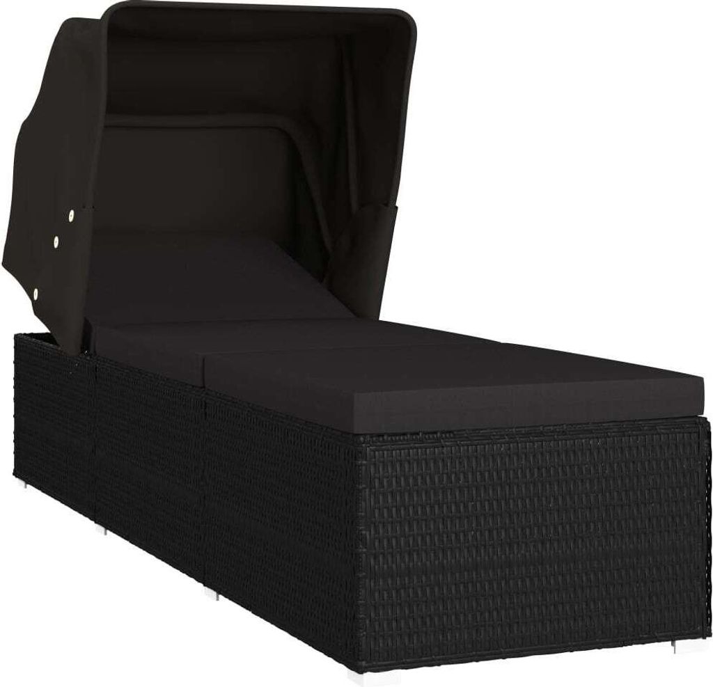 Sonnenliege mit Sonnenschutz und Auflage Poly Rattan Schwarz