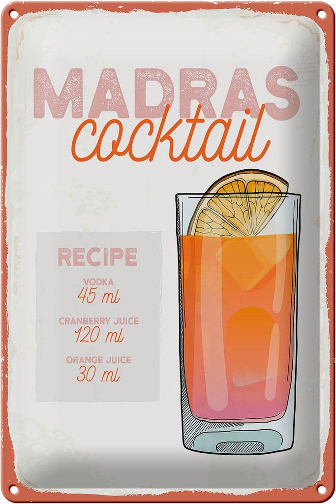 Blechschild Rezept Madras Cocktail Recipe Vodka 20x30cm