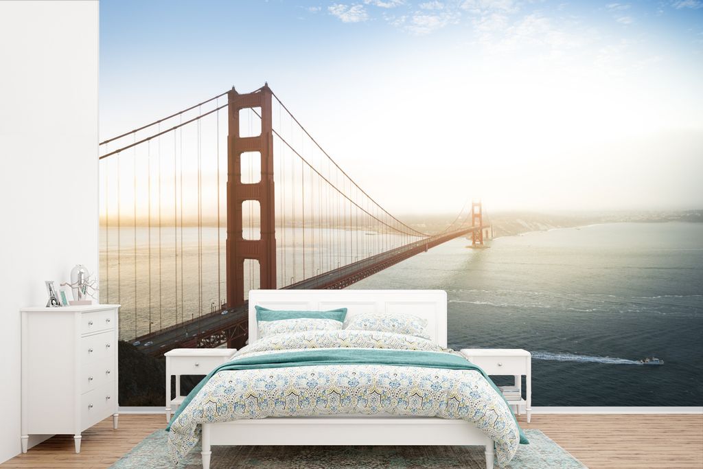 MuchoWow Fototapete für Wohnzimmer oder Schlafzimmer Wandtapete Vinyl Motivtapete Morgennebel an der Golden Gate Bridge in Kalifornien - 525x350...