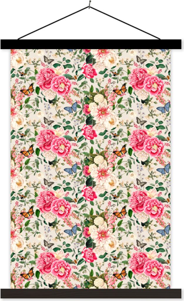 MuchoWow Textilposter Sommerblumen - Schmetterling - Pastell 60x90 cm mit schwarzem Rahmen - Poster Wohnzimmer