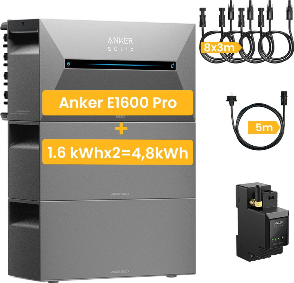 Powerness Balkonkraftwerk Speicher, Anker SOLIX Solarbank 2 E1600 Pro Speicher mit 2x Anker SOLIX BP1600 Erweiterungsakku & Smarten Zähler (0% MwSt)