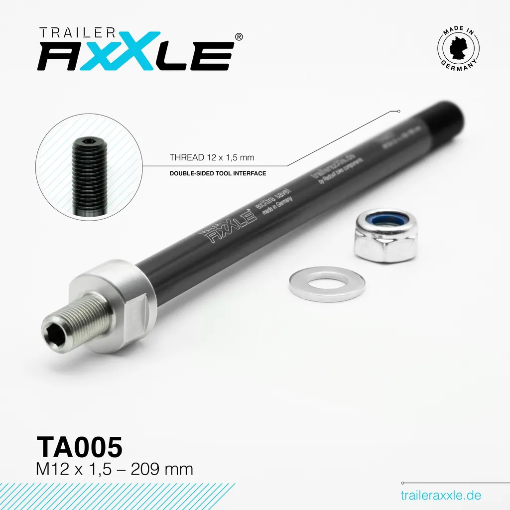 Axe traversant pour remorque vélo enfant M12x1,5 longueur 209 mm