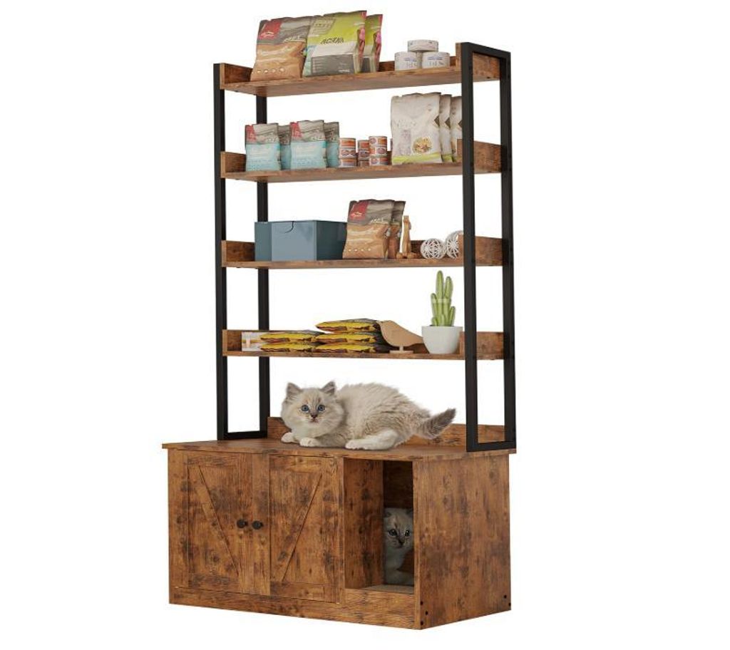 Katzenschrank mit 4 Regalen und Türen Katzenklo-Möbelstück mit Stauraum und Kratzfläche Katzenhaus, Katzenmöbel 90 x 45 x 132 cm Braun