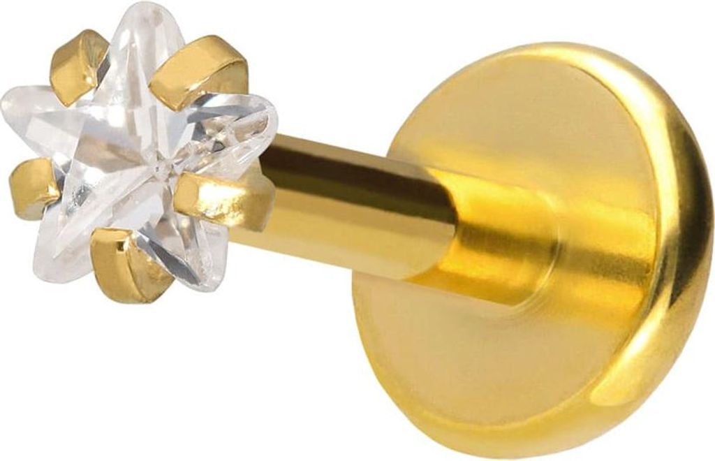 Ohrpiercing, Nasenpiercing Titan Labret mit Push Fit KRISTALLSTERN Gold Stablänge: 6mm | Stabstärke: 1mm
