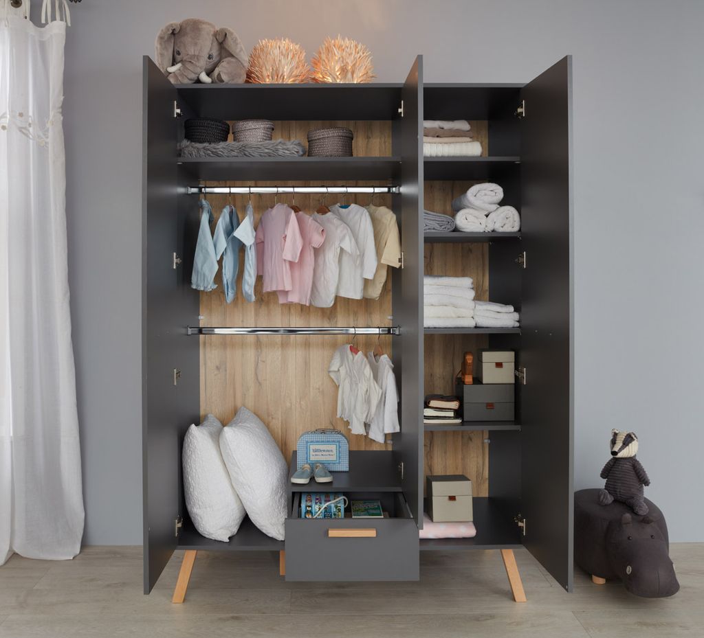 Detská šatníková skriňa MatsBaby 3 dvere, 1 zásuvka sivá. Obrázok produktu 3