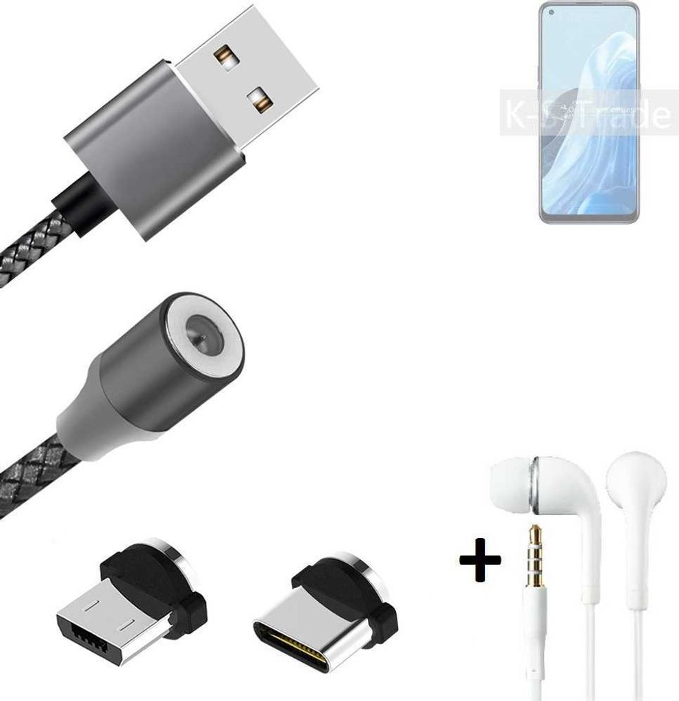 K-S-Trade Hochwertiges Magnet-Lade-kabel Sync-Kabel Daten-Kabel + Kopfhörer kompatibel mit Oppo Find X5 Lite mit USB-Typ-C-Anschluss und