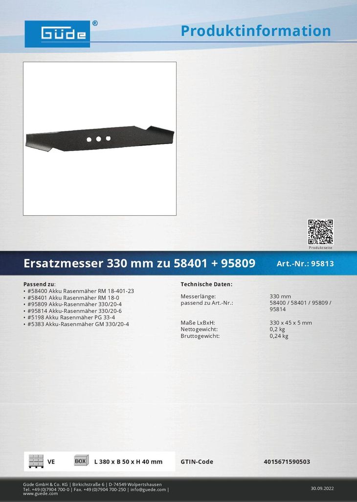 Güde Rasenmähermesser Ersatzmesser 330 mm für Rasenmäher 58401 95809 95814 5383 Ersatzteil Mäher Zubehör Messer wechseln Tauschmesser 370963 95813 4015671590503 stabilo-fachmarkt.de