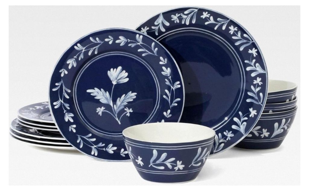Maiden Crown Tafelservice aus Porzellan mit Keramiktellern und Schüsseln, Blumenmuster, mikrowellen- und spülmaschinenfest, himmelblau, 12-teilig